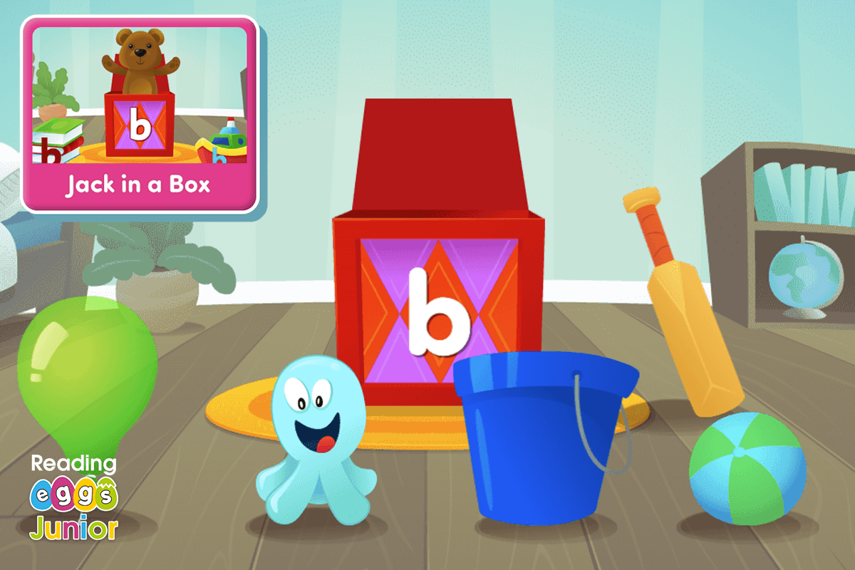 Screenshot of the Jack in a Box phonemic awareness activity in Reading Eggs Junior