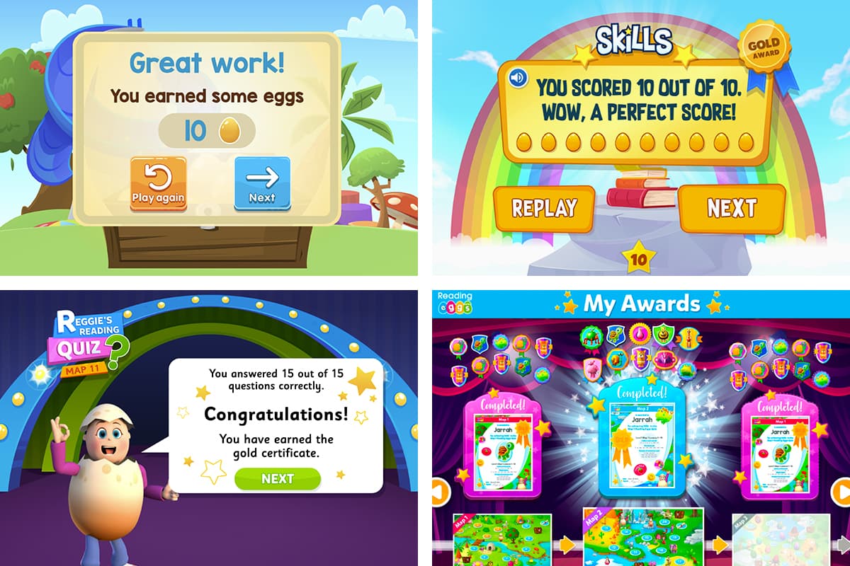 Screenshots of the multi-faceted rewards system in Reading Eggs that builds confidence and motivates children to continue learning