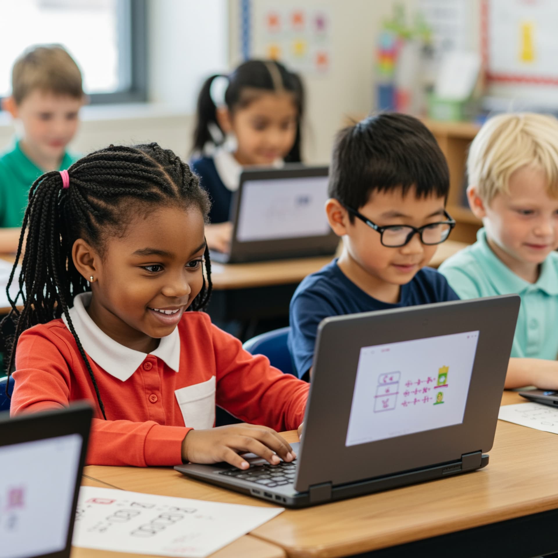 Primary school students practising maths on laptops during a classroom lesson