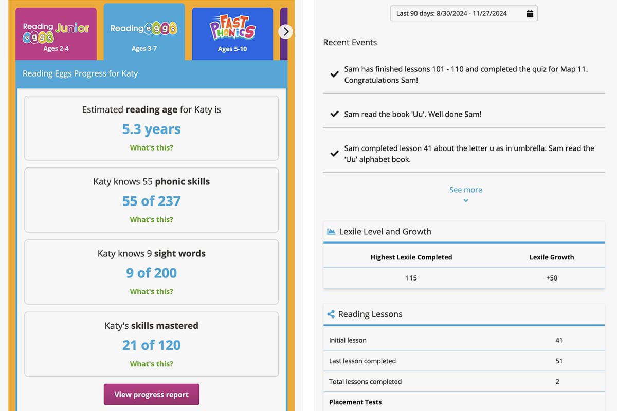 examples of the progress reports in the Reading Eggs Family Dashboard