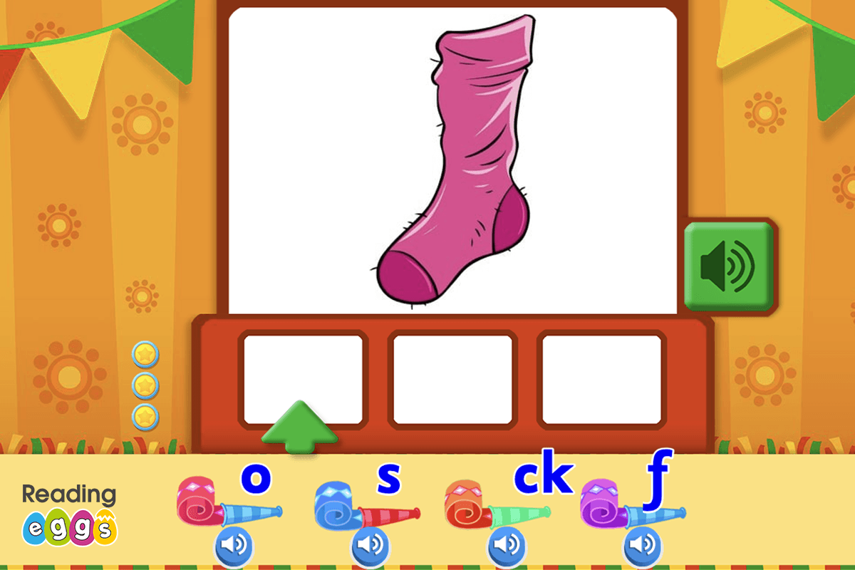 Screenshot of Lesson 60 in Reading Eggs, where children learn to segment the word sock
