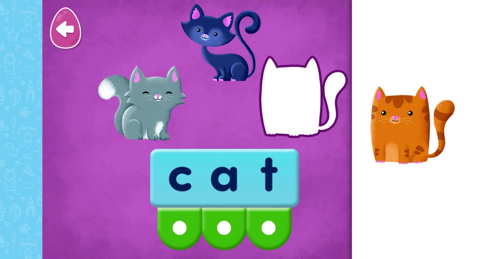 Screenshot of the 'cat' sound buttons activity in Reading Eggs Junior that helps children to sound out words