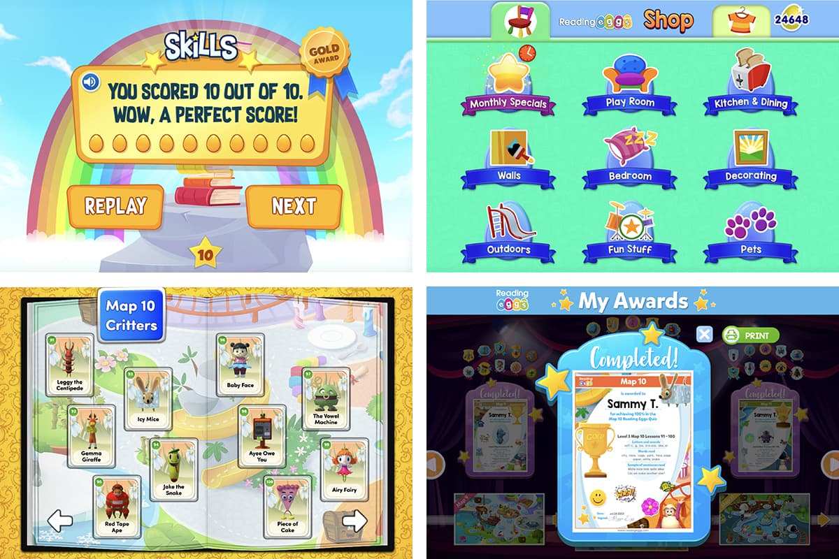 Screenshot of the multiple rewards in Reading Eggs to celebrate reading achievements
