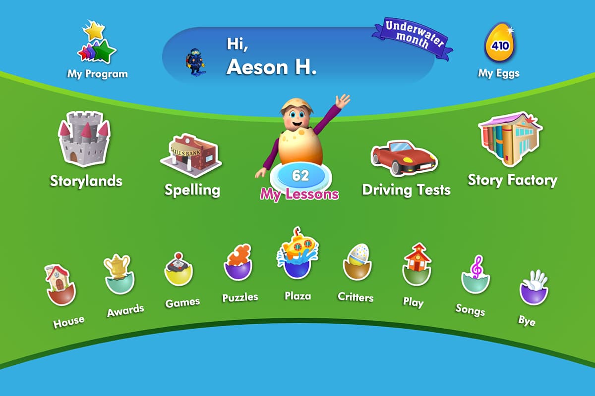 The student dashboard within Reading Eggs displaying the different learning areas that focus on building specific reading and literacy skills.
